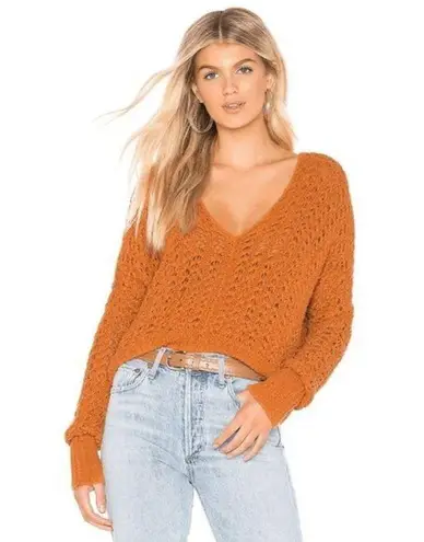 Free People  Best Of You Sunset Orange Open Knit V Neck Sweater Medium