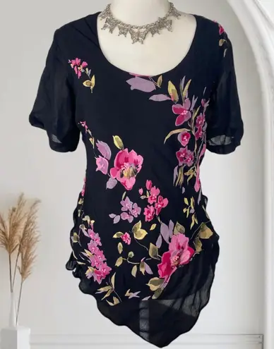 Whimsygoth Fairy Grunge Asymmetric Flowy Mesh Floral Embroidered Mesh Top L Black Size L