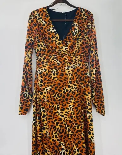 W118 By Walter Baker Orange Leopard Print Long Sleeve V-Neck Maxi Dress Sz M NWT