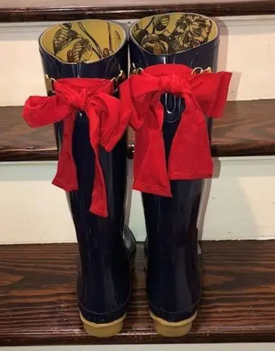 JOULES EVEDON Navy Blue Tall Rain Boots with Red Bows US Sz 8