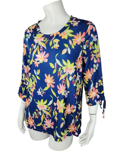 Caribbean Joe Women's Large Blue Floral Blouse 3/4 Sleeves Tie Detail NWT Cruise