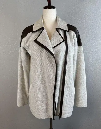Michael Stars Womens Tweed Leather Trim Zip Moto Jacket Size Small Beige Brown