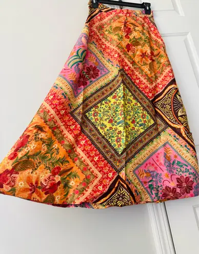 Farm Rio Mixed Scarves Satin Slip Midi Skirt, Size XS