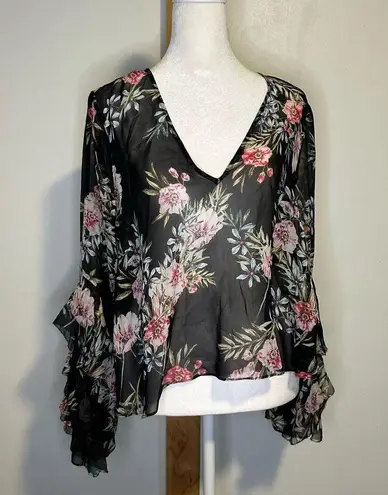 Intermix black floral sheer long bell- sleeve top size S