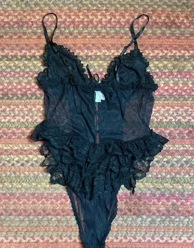 VINTAGE SEXY BLACK LACE TIE FRONT RUFFLE TRIM BODYSUIT Size M