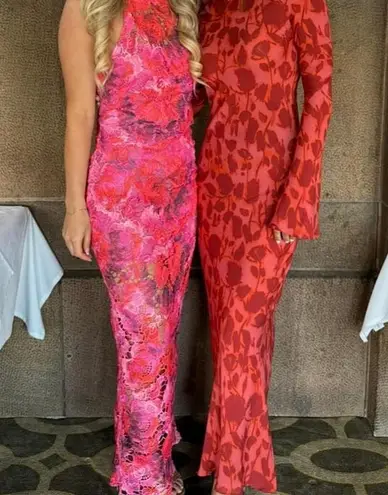 Rococo Sand Mabel Long Dress Pink Red Floral Lace Halter Midi Dress S