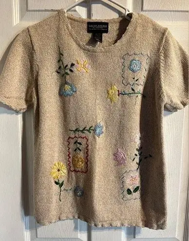 Salon Studio Knit Short Sleeve Top Size Small Embroidered Floral Vintage Granny Tan