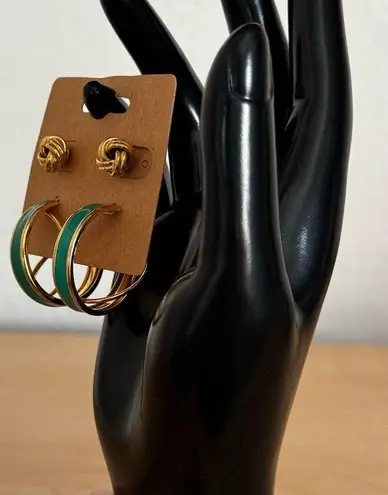 Vintage Gold & Green Hoop Knot Stud Earring Set of 2 Elegant Jewelry