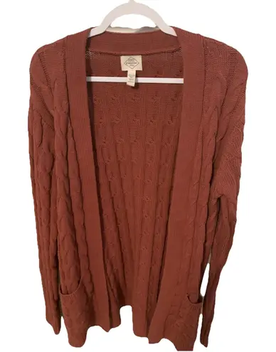St Johns Bay Cardigan Womens Open Knit Sweater Front Pockets Cotton Brown Size L