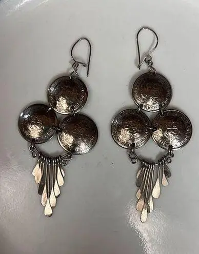 Handmade Peruvian Coin Dangle Earrings Boho Silver Tone 1/2 Sol De Oro 1970s