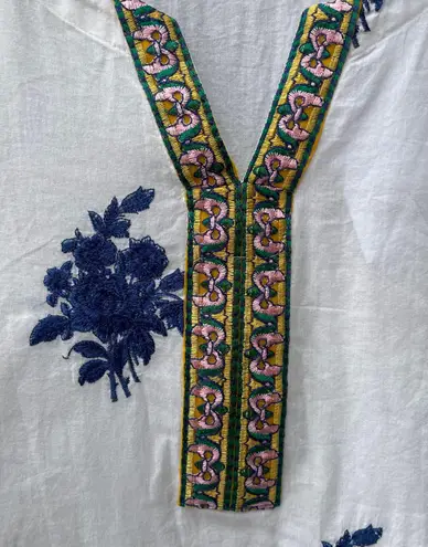 New Khaadi Floral Embroidered Tunic Indian White Blue Kurta Size 14