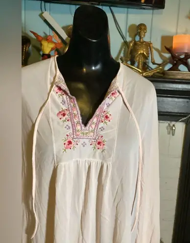 Vintage Light Pink Sheer Nightgown with Embroidered Chest with Tie at Neck Small