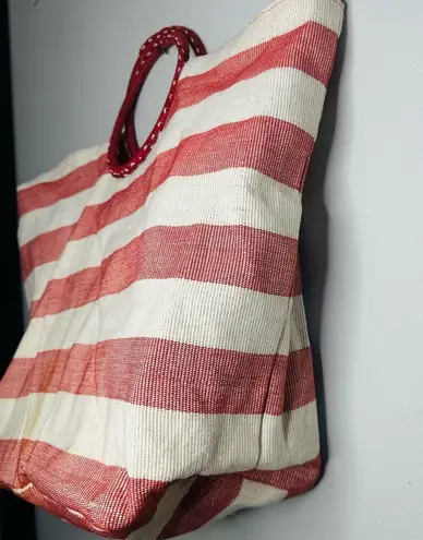 CRABTREE & EVELYN Red White Striped Wrapped Circular Handles Beach Tote Hand Bag
