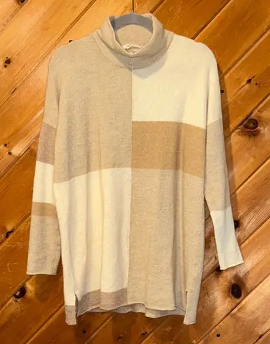 Soft Surroundings cream tan colorblock mock neck wool blend sweater