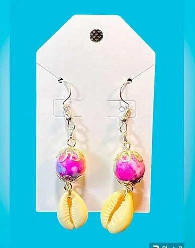 Tropical Cowrie Seashells Tie Dye Beaded Dangle Pierced Earrings