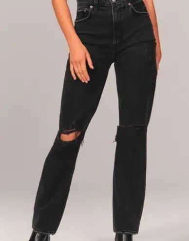 Abercrombie & Fitch Abercrombie Curve Love 90s Ultra High Rise Straight Jeans In Ripped Black Wash 26R