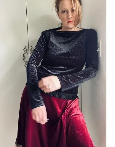 Y2K Velvet Burnout Long Sleeve Top Size Medium Fringe Gothic Grunge Whimsygoth Black