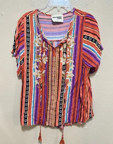Savanna Jane Embroidered Striped Tassel Tie Top Blouse Womens Size S Bohemian Red