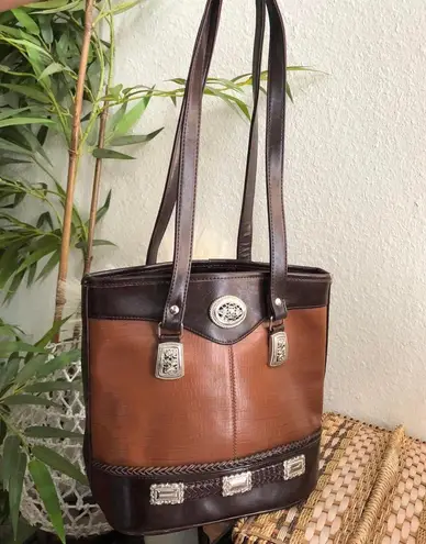 Western Boho Indie Brown camel tan leather shoulder hand bag purse tote silver hardware long strap