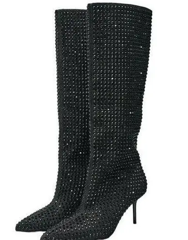 ZARA NWT Black Denim Rhinestone Boots Pointed Toe Knee High EU 37 US 6.5 Gorge