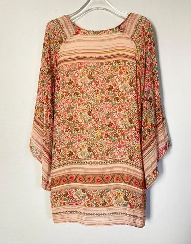 Lavender Brown  Shift Dress Semi Sheer‎ Boho Elephant Floral Bell Sleeve V Neck S