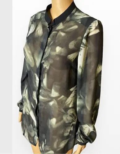 Vivienne Tam SHEER BUTTON CAREER SHIRT BLOUSE BLACK OLIVE GREEN SZ 8 LON…