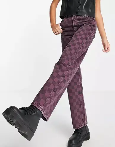 Topshop NWT  Purple Checkerboard Grid Plaid Carpenter Mom Jeans New High Rise