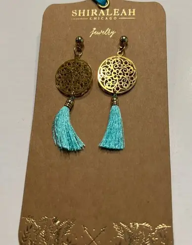 Shiraleah Chicago Gold Filigree Turquoise Tassel Statement Earrings Boho Chic Blue