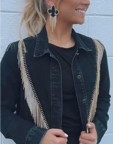 Western New Orleans Saints Jean Jacket Coat Denim Fringe Boho Embellish A12 Black Size M