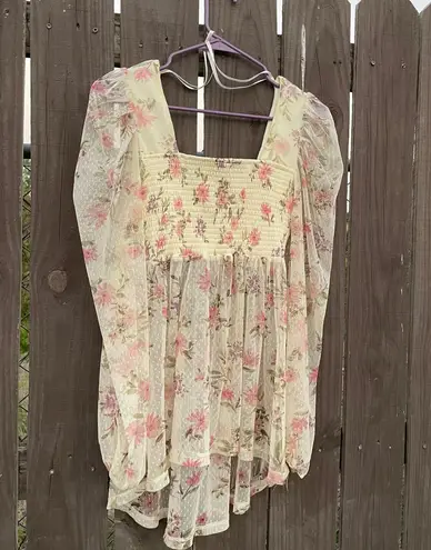Square neck floral print sweet coquette sheer long sleeve top Pink Size L