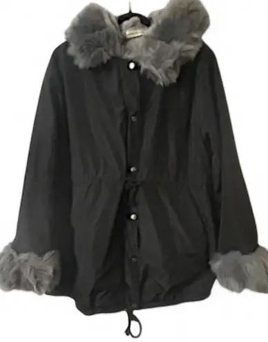 Roiiiii Black Faux Fur Trim Parka Fleece Lined Luxe Chalet Ski Resort Winter Black Size undefined