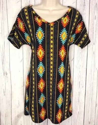 š Aztec boho cowgirl short sleeve v neck pullover mini dress small black blue