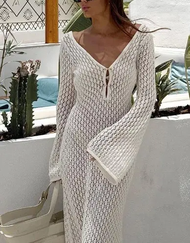 Cover Up Long Sleeve Open Back Long Dress White Size XS