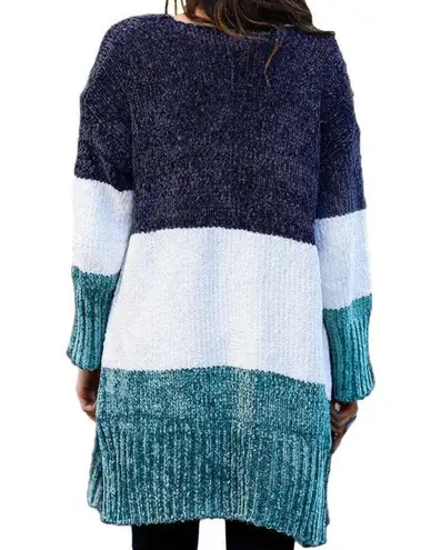 BLUE MULTI WHITE COLOR BLOCK VELVET CHENILLE CARDIGAN SIZE XL (16