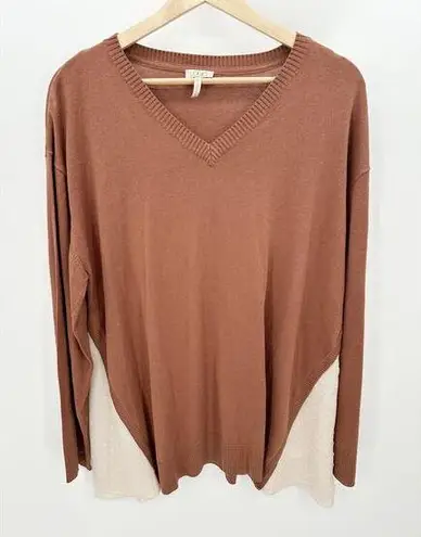 LOGO By Lori Goldstein LOGO Sweater Women XL Brown V-Neck Long Sleeve Knit Swiss Dot Cotton Cashmere