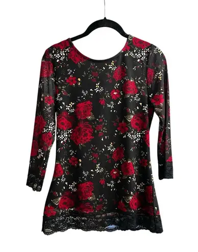 Womens Y2K Mesh Lace Floral Top Whimsigoth Romantic Goth Grunge Size Medium Black