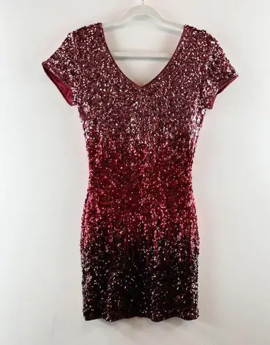 Maner Ombre Sequin Short Sleeve Bodycon Mini Dress Pink Red Black Small