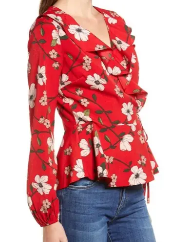 Nordstrom LYDELLE for  Women's Red/White Floral Surplice Ruffle Wrap Blouse sz S