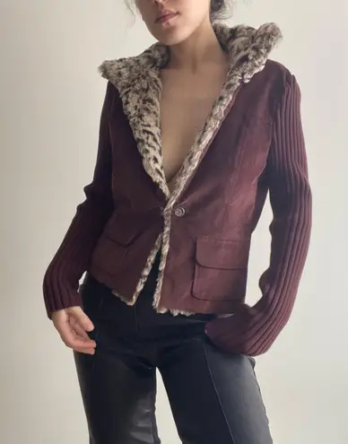 Bandolino Brown Vintage Faux Fur Trim Collar Jacket