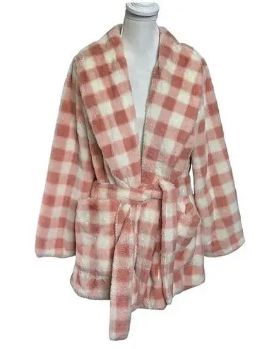 APPARIS Rare Gingham Check Teddy Coat with Tie Waist Pink Jacket Womens Size S/M Size M