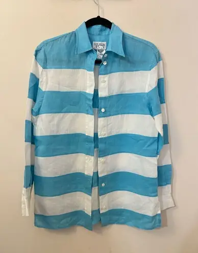 Escada Sport Aqua and White Striped Color Block Linen Button Down Blouse S Blue
