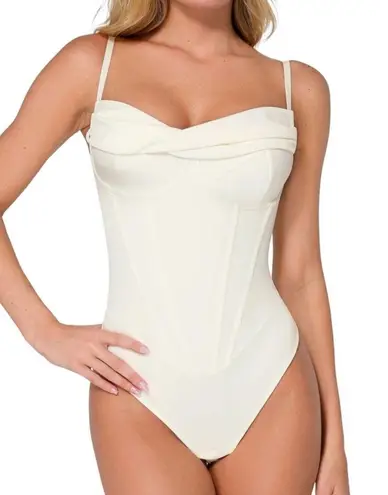 NWT Popilush Off White Corset Cowl Neck Thong Bodysuit Shapewear