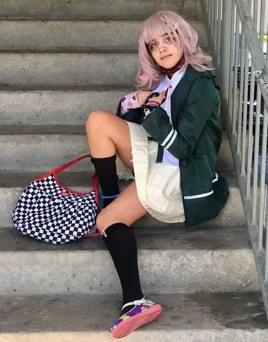 Chiaki Nanami Cosplay Anime Costume Jacket & Skirt EUC S w/ Pink Wig & Hair Clip Green