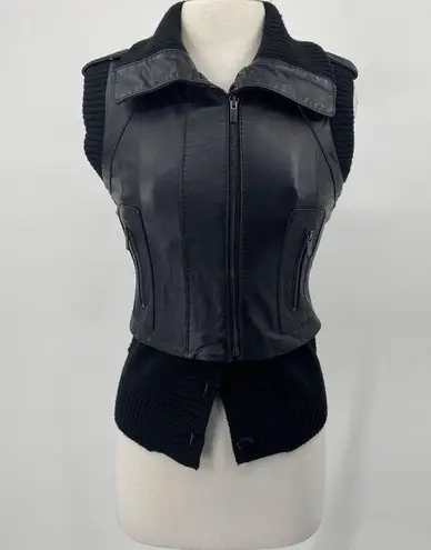 BCBGMAXAZRIA  Viggo Lamb Leather Vest Mixed Media Rib Knit Wool Black Womens XS