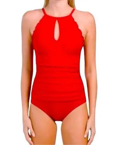 Ellen Tracy Ruched High Neck Ruffle Keyhole One-Piece Swimsuit Siren Red Size 14