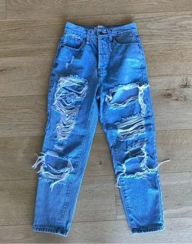 LIONESS  High Waisted Ripped Jeans in Blue