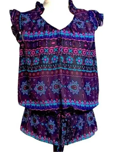 Ali & Kris sheer blue & purple floral, ruffled top / S / Excellent condit…