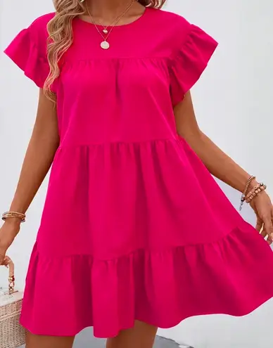 Solid Crew Neck Tiered Dress Pink