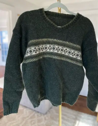 Forest Green Fair Isle Wool Sweater Winter Knit Old Money Quiet Luxury Thick Size L