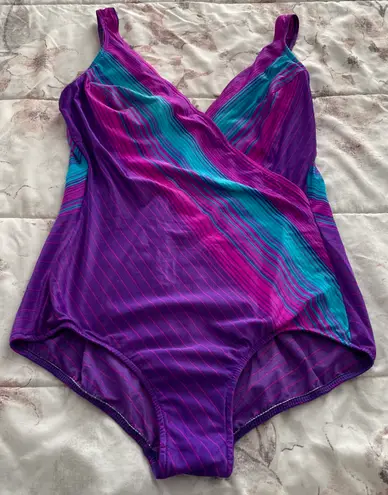 Maxine of Hollywood Vintage One Piece Purple Blue Pink Striped Swimsuit, size M